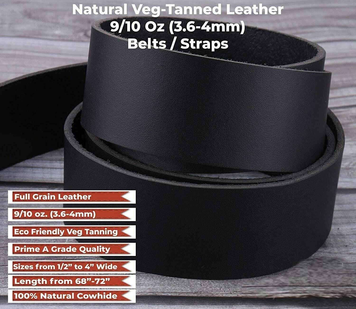 9/10 OZ  Black Latigo Leather PERFECT BELT STRIP  1-1/2" Wide 72''Long 2 pcs set